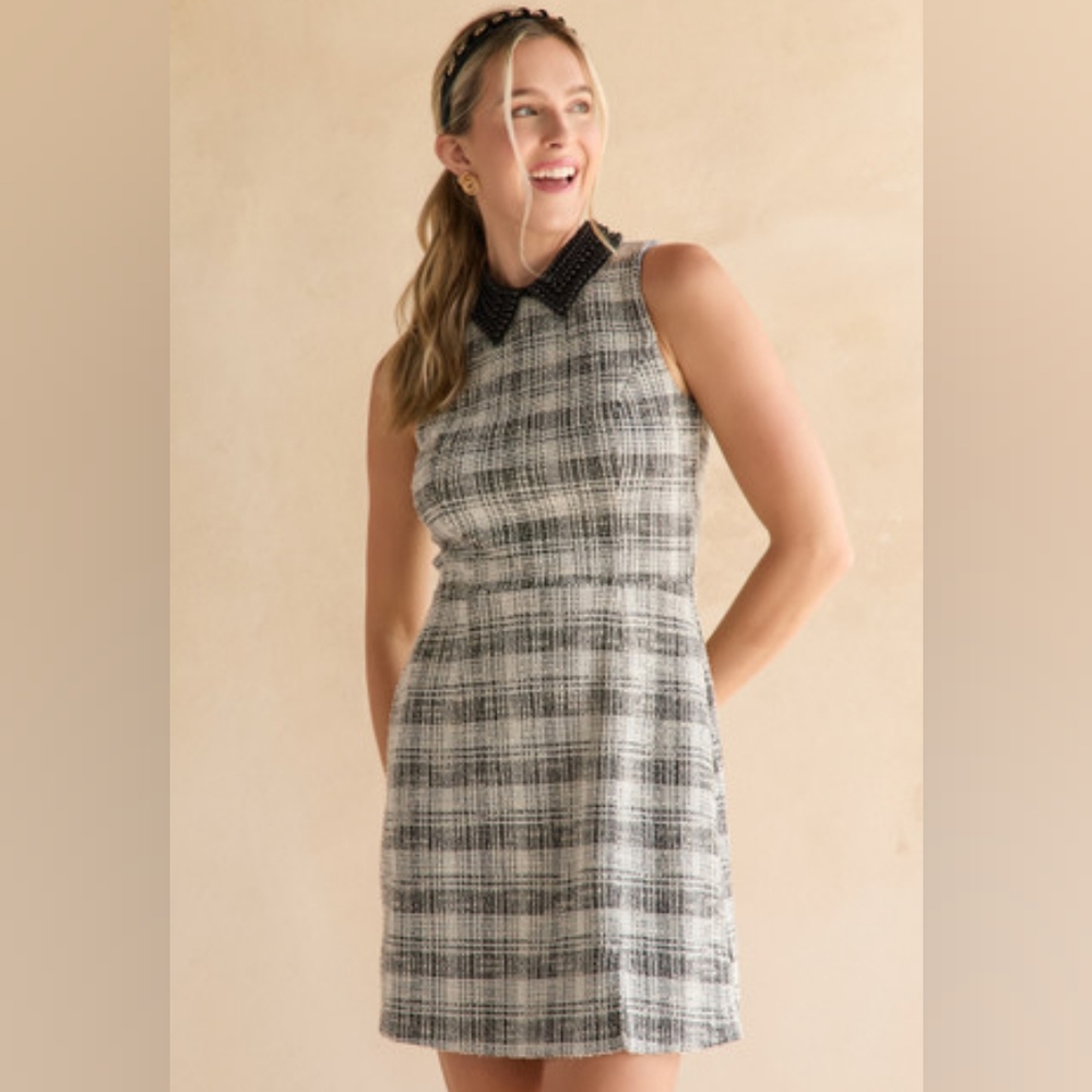 Francesca's Lori Waisted Tweed Pearl Collar Mini Dress Size Small